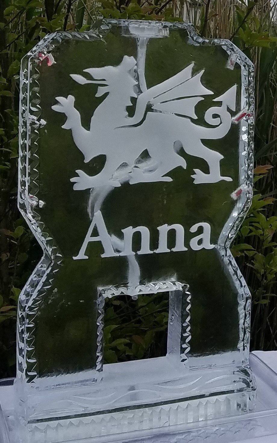 Personalized Anna dragon ice sculpture