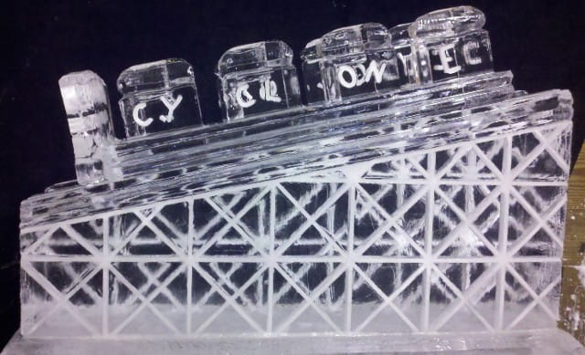 Train-themed ice sculpture centerpiece