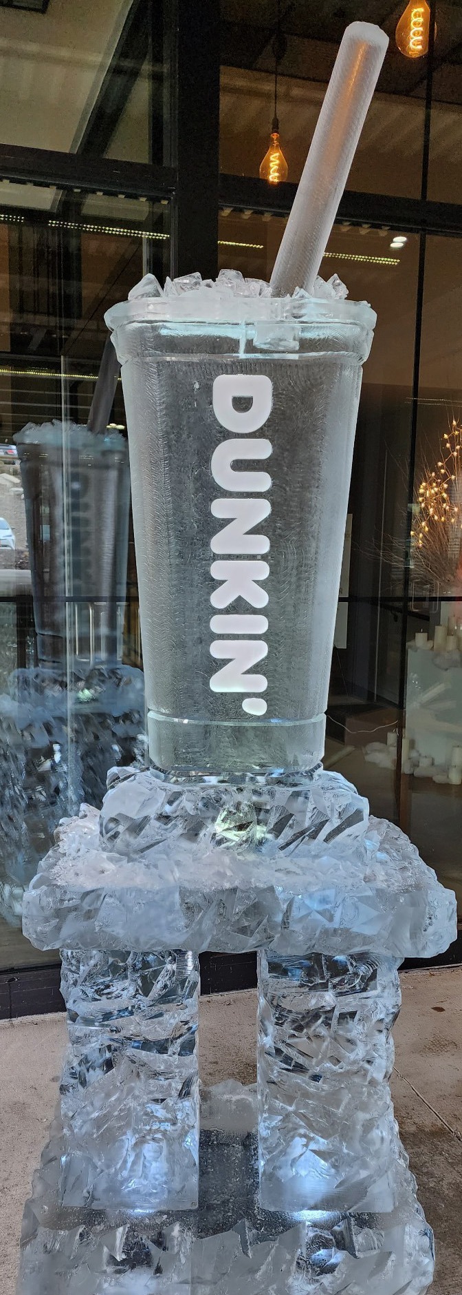 Tall vertical Dunkin Donuts corporate branded block ice sculpture