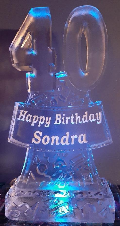 Happy Birthday Sondra illuminated ice sculpture