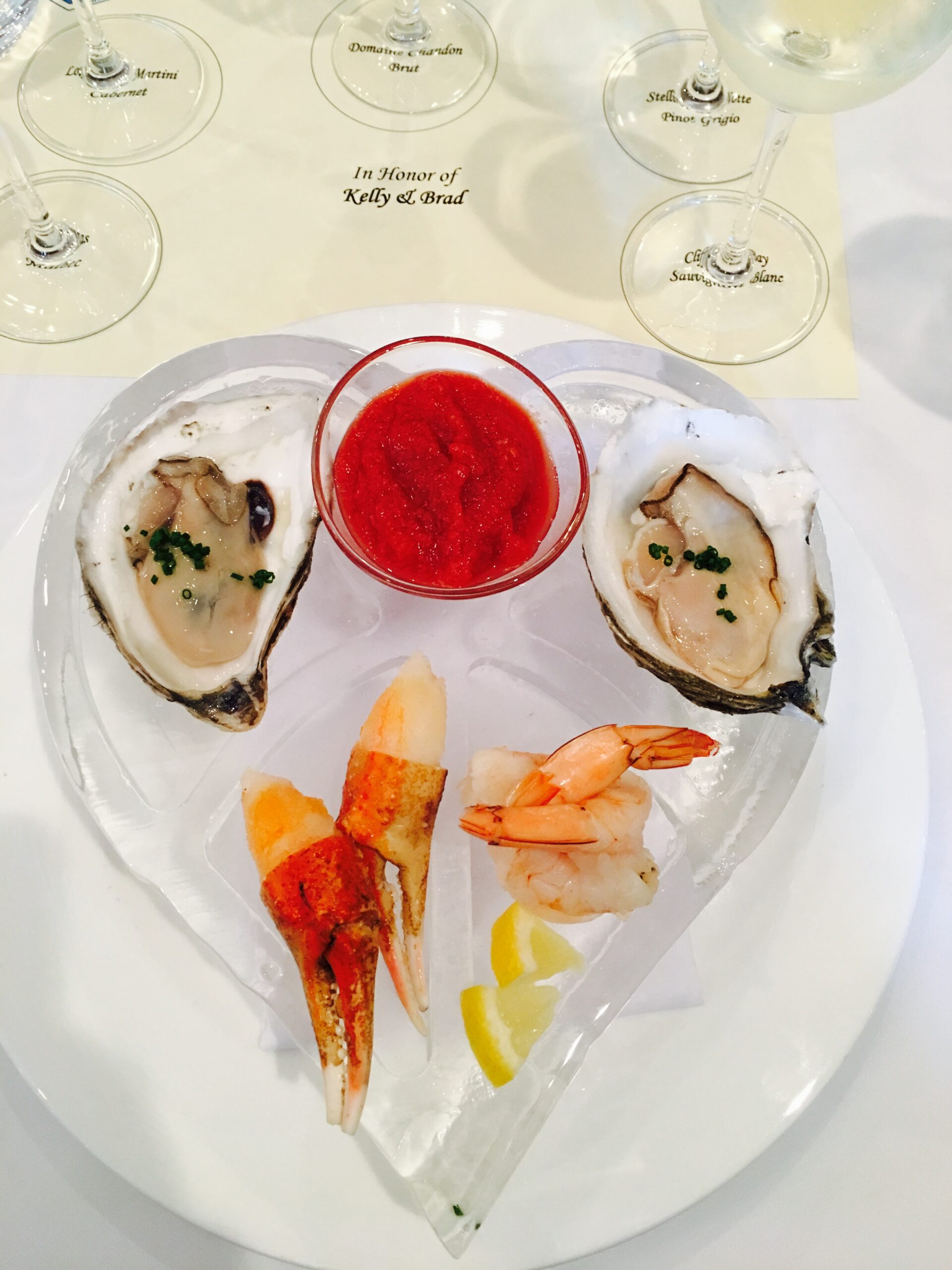 Seafood display served on decorative ice platter