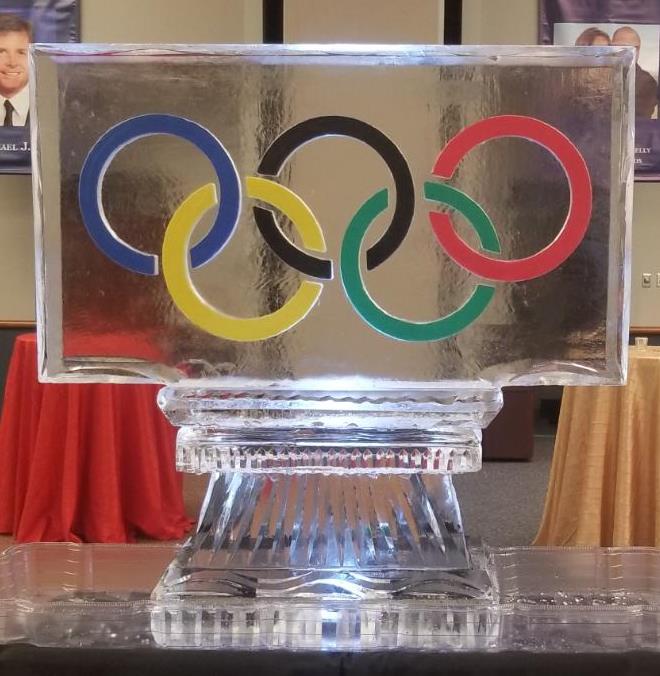 Olympic rings engraved ice sculpture