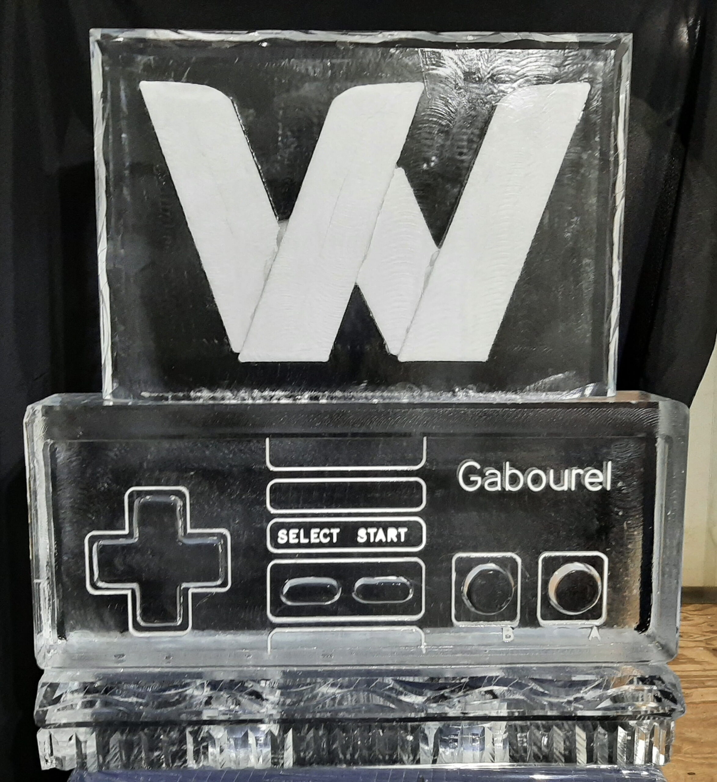 Gabourel logo engraved corporate ice sculpture