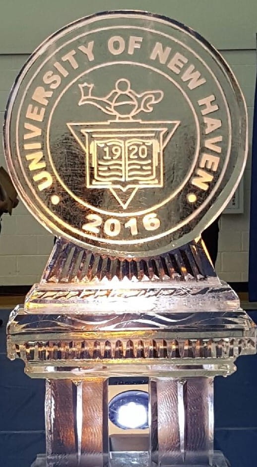 University seal engraved ice sculpture