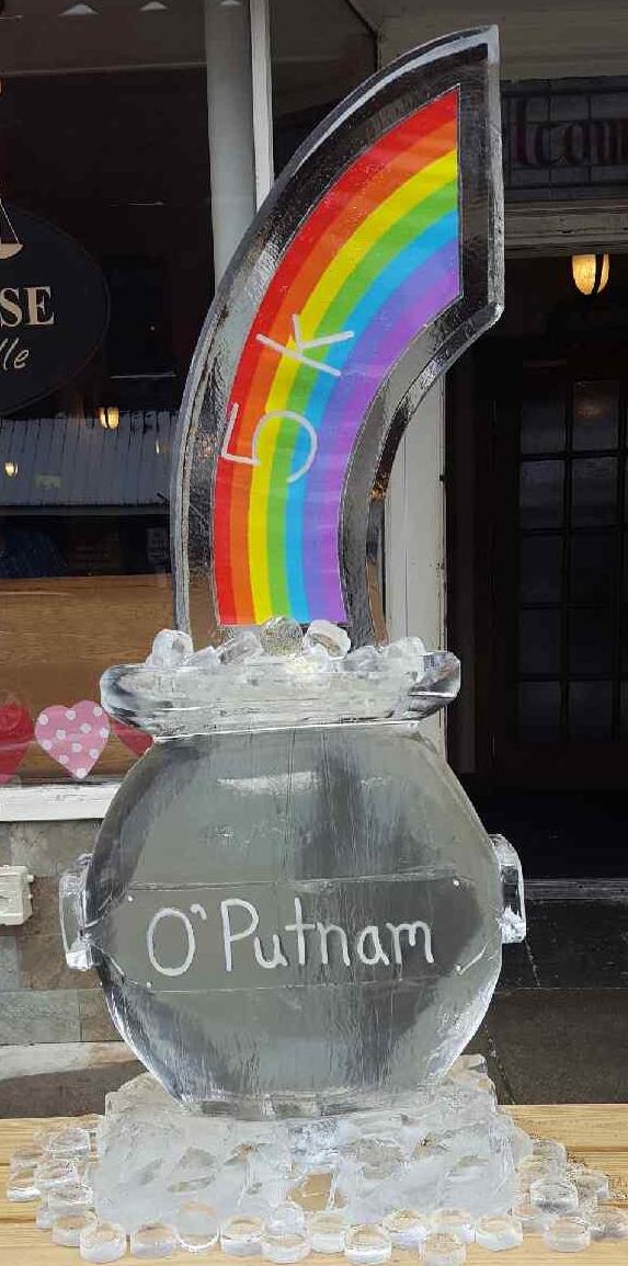 Rainbow-themed ice sculpture display