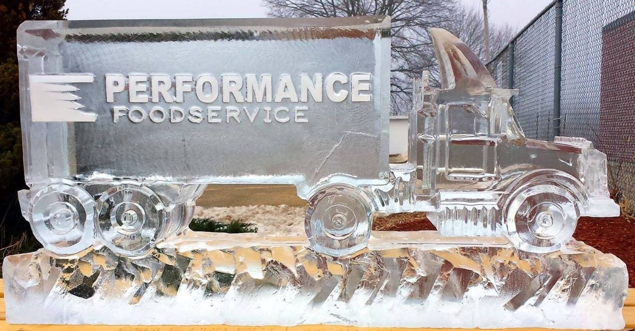 Performance Foodservice custom delivery truck ice sculpture on display