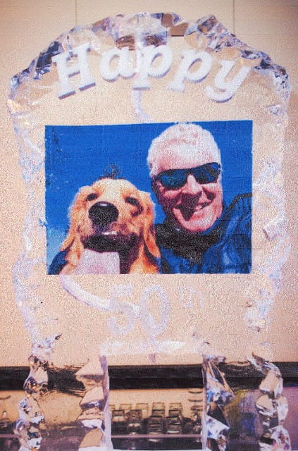 Photo engraved ice sculpture with dog portrait