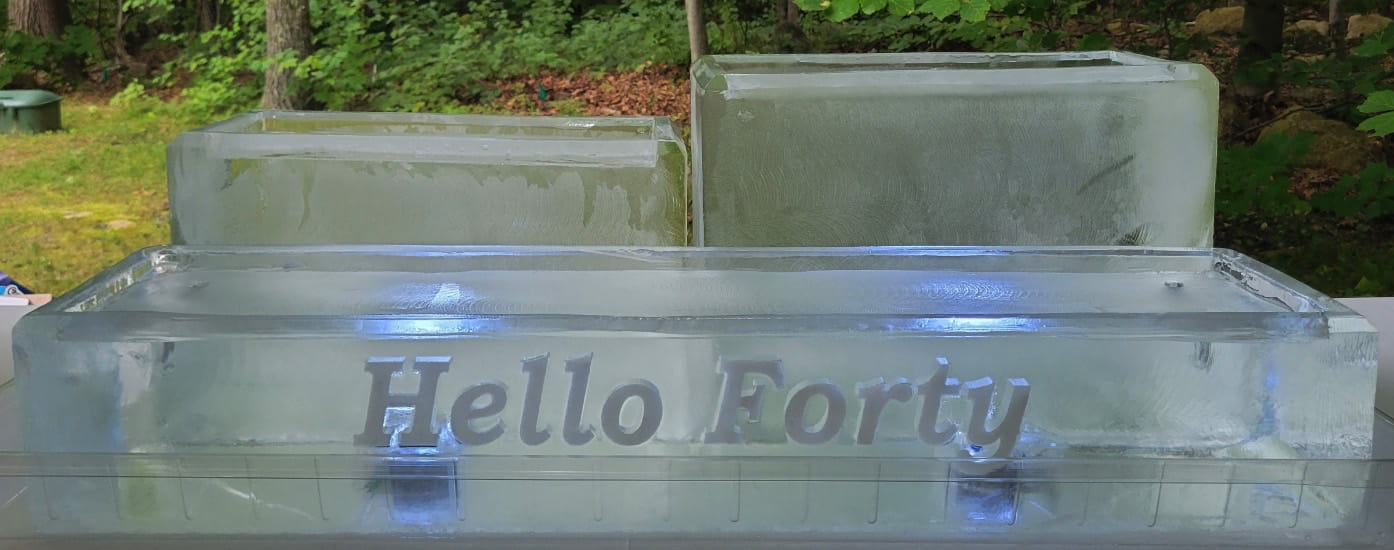 Hello Forty engraved ice sculpture