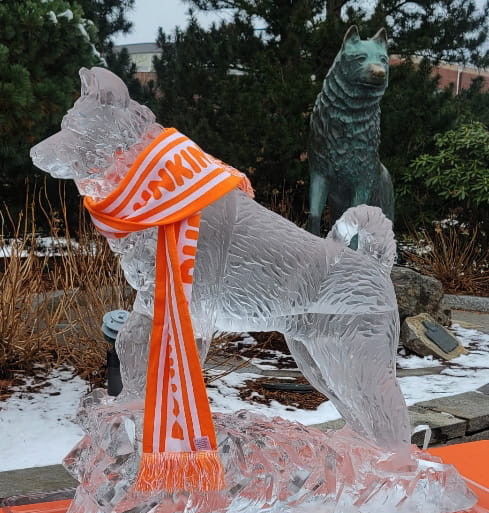 Dog ice sculpture wearing a knitted scarf