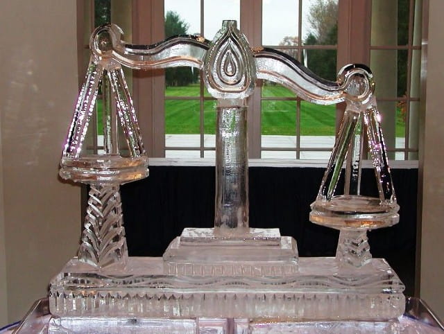 Scale of justice ice sculpture