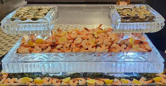 Chilled shrimp buffet served on ice display