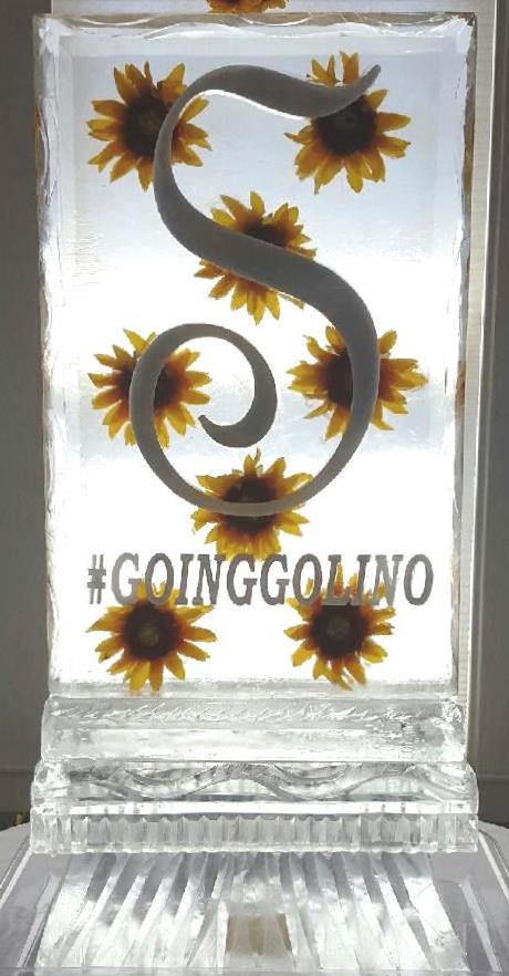 Gold decorative swirl monogram ice sculpture with hashtag