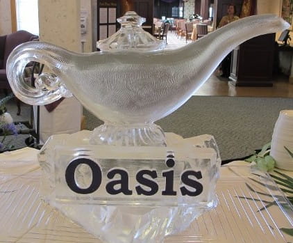 Aladdin magic lamp ice sculpture with Oasis engraving