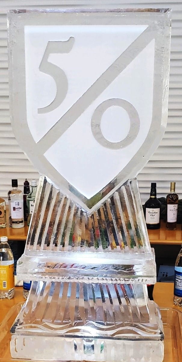 Shield-shaped 50th anniversary ice sculpture