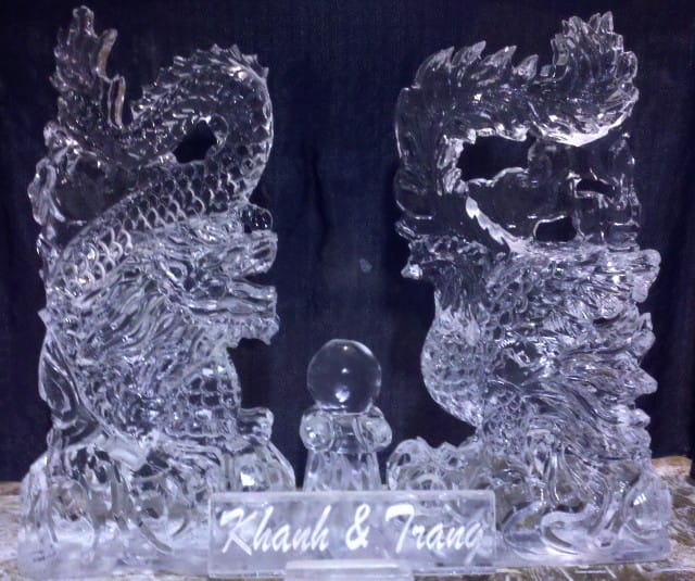 Pair of seahorse ice sculptures for ocean-themed event